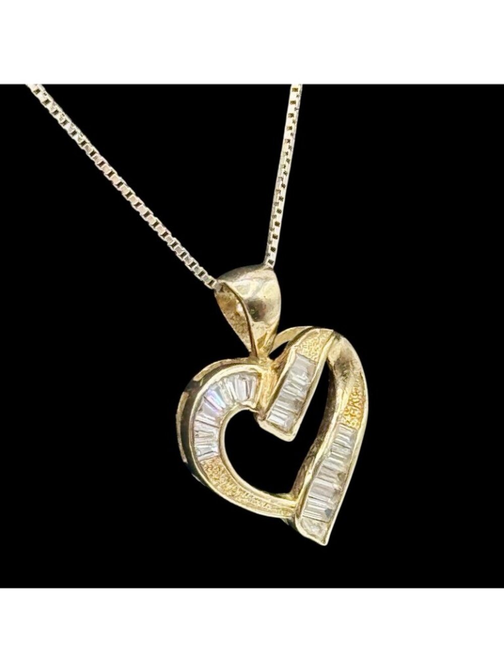 Heart Pendant Vermeil Baguette CZ Necklace Box Chain 19" 925 Cottage Fairy Love - Picture 6 of 15